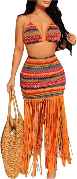 Verdusa Women's 2 Piece Beach Outfits Graphic Tie Back Halter Top and Slit Fringe Bodycon Skirt Set
