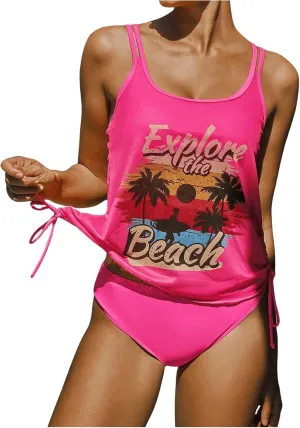 Verdusa Women's 2 Piece Tropical Print Tankini Swimsuit Drawstring High Waist Bathing Suit