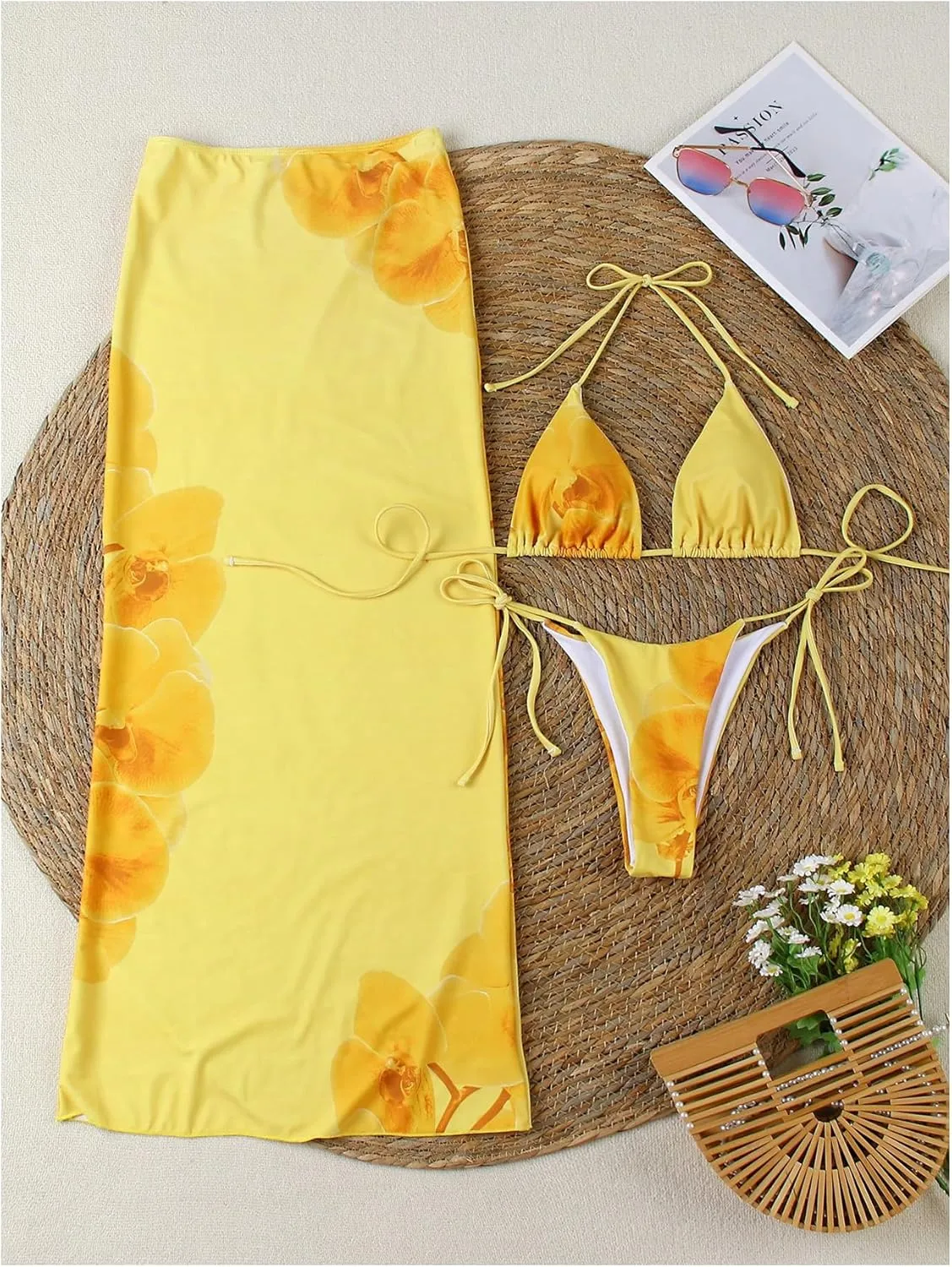 Verdusa Women's 3 Piece Floral Print Bikini Sets Swimsuit with Mesh Maxi Skirt