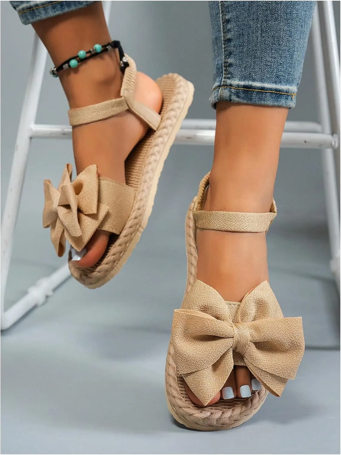 Verdusa Women's Bow Knot Flat Sandals Open Toe Ankle Strap Vacation Sandals