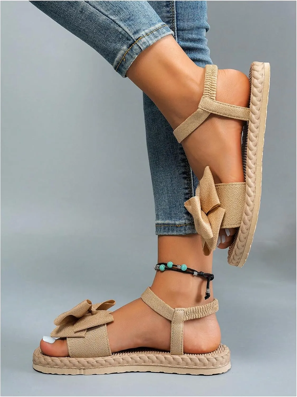 Verdusa Women's Bow Knot Flat Sandals Open Toe Ankle Strap Vacation Sandals