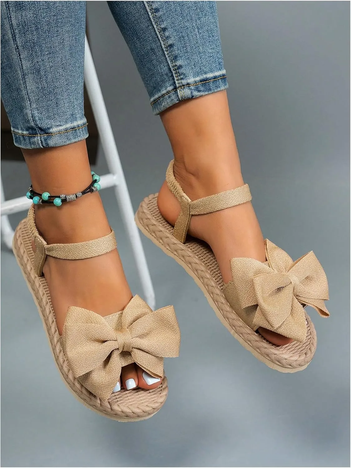 Verdusa Women's Bow Knot Flat Sandals Open Toe Ankle Strap Vacation Sandals