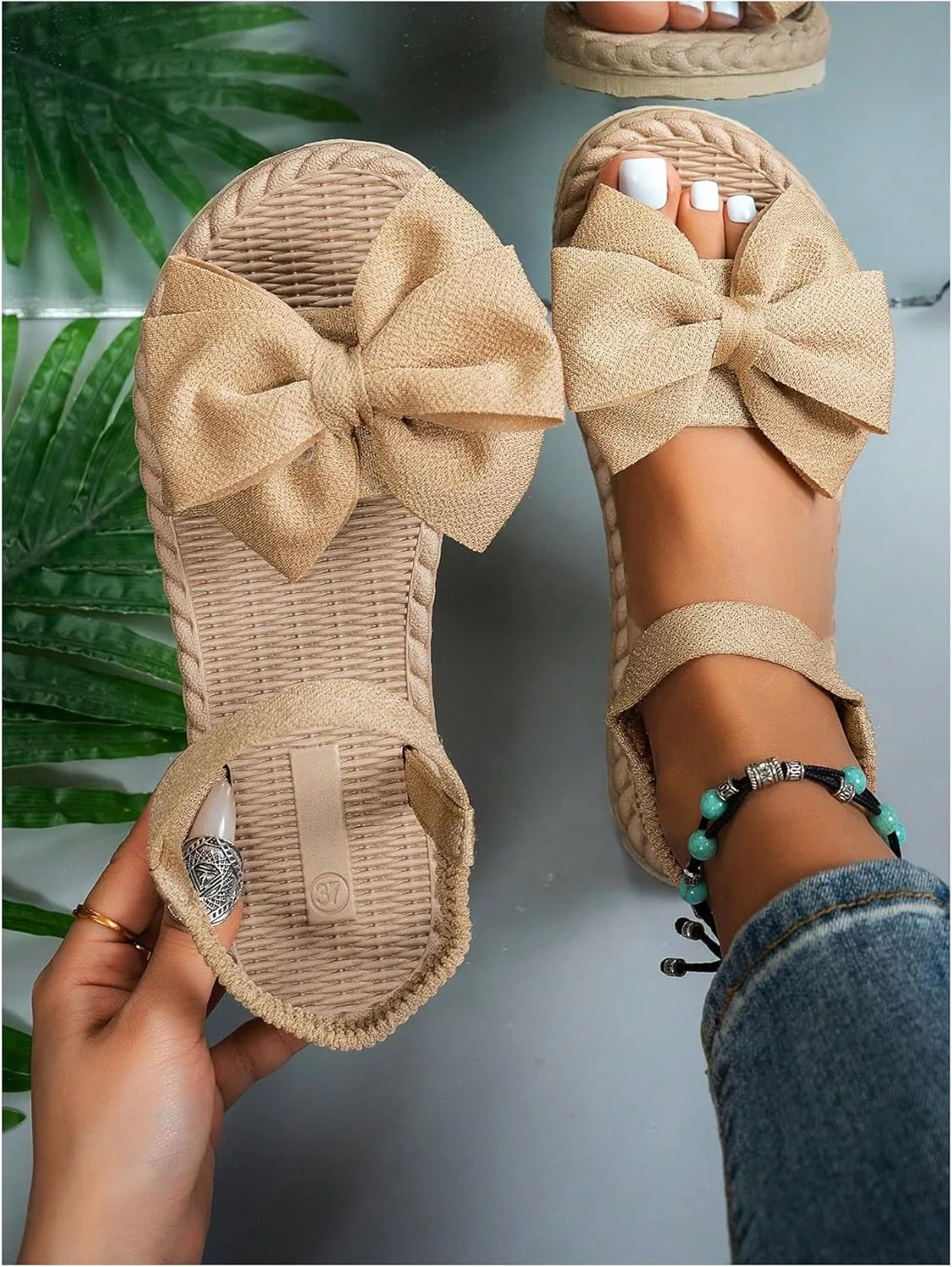 Verdusa Women's Bow Knot Flat Sandals Open Toe Ankle Strap Vacation Sandals