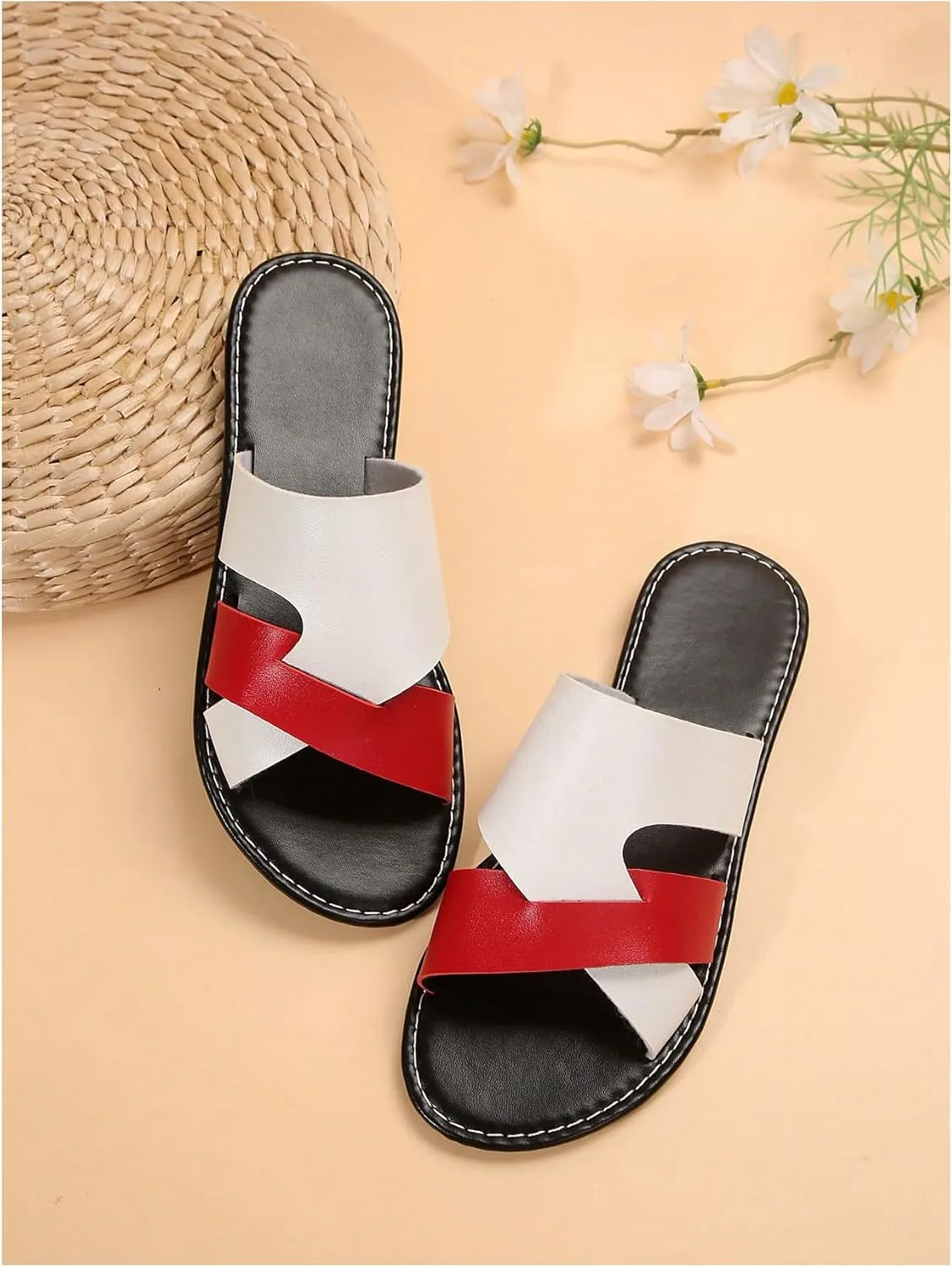 Verdusa Women's Color Block Flat Leather Sandals Open Toe Vacation Slip on Slides