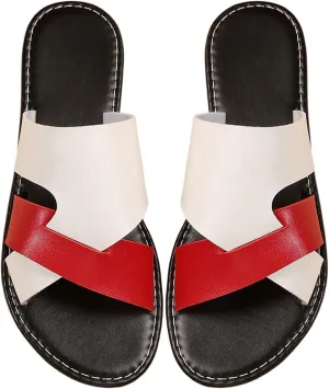 Verdusa Women's Color Block Flat Leather Sandals Open Toe Vacation Slip on Slides