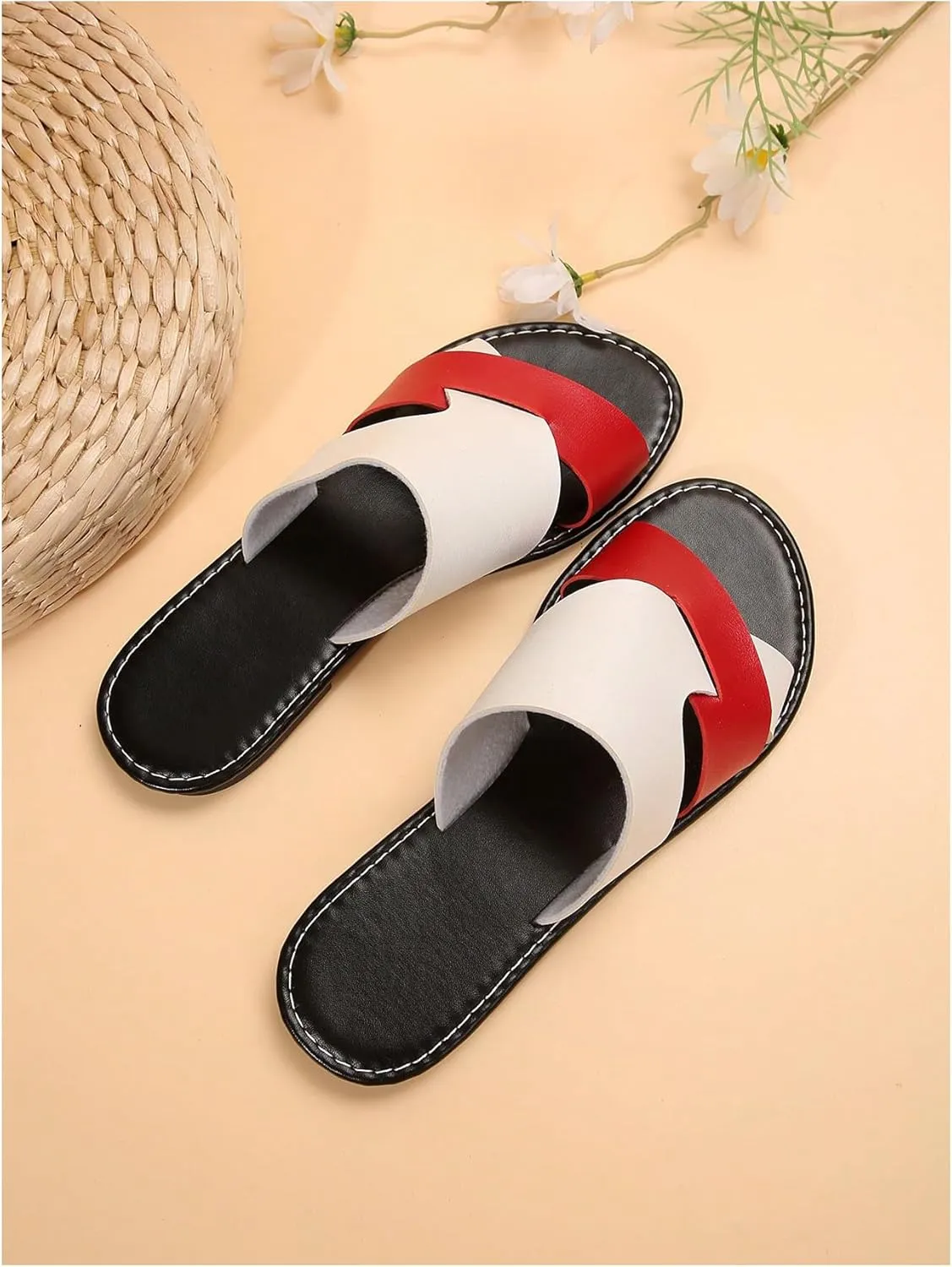 Verdusa Women's Color Block Flat Leather Sandals Open Toe Vacation Slip on Slides