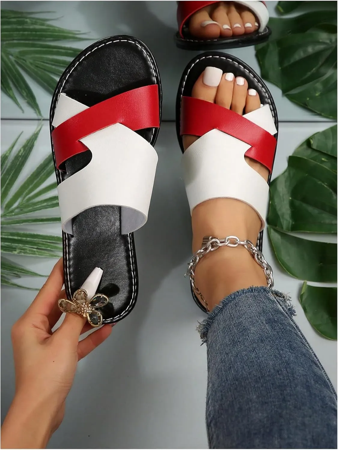 Verdusa Women's Color Block Flat Leather Sandals Open Toe Vacation Slip on Slides