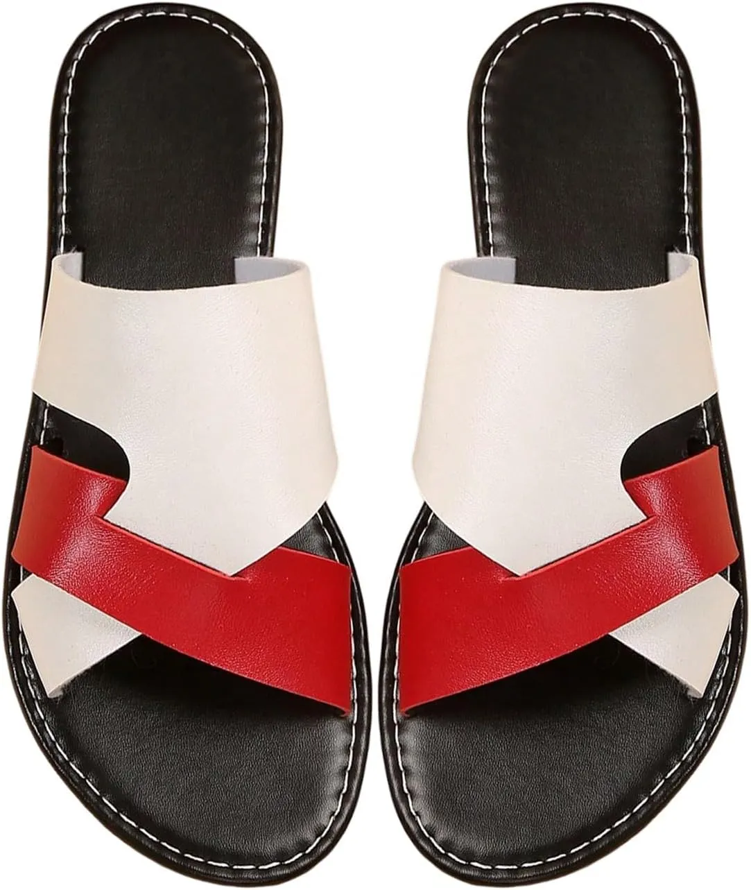 Verdusa Women's Color Block Flat Leather Sandals Open Toe Vacation Slip on Slides