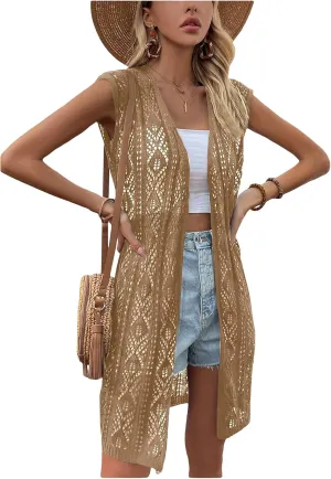 Verdusa Women's Crochet Coverups Sleeveless Summer Cardigans Lightweight Knit Long Vest Cover Up