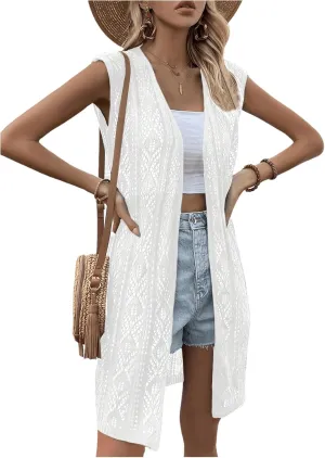 Verdusa Women's Crochet Coverups Sleeveless Summer Cardigans Lightweight Knit Long Vest Cover Up