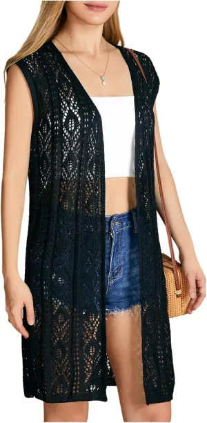 Verdusa Women's Crochet Coverups Sleeveless Summer Cardigans Lightweight Knit Long Vest Cover Up