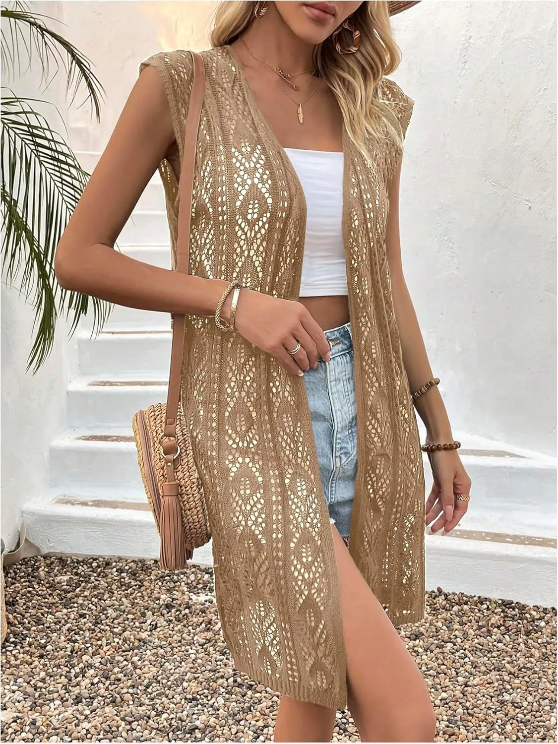Verdusa Women's Crochet Coverups Sleeveless Summer Cardigans Lightweight Knit Long Vest Cover Up