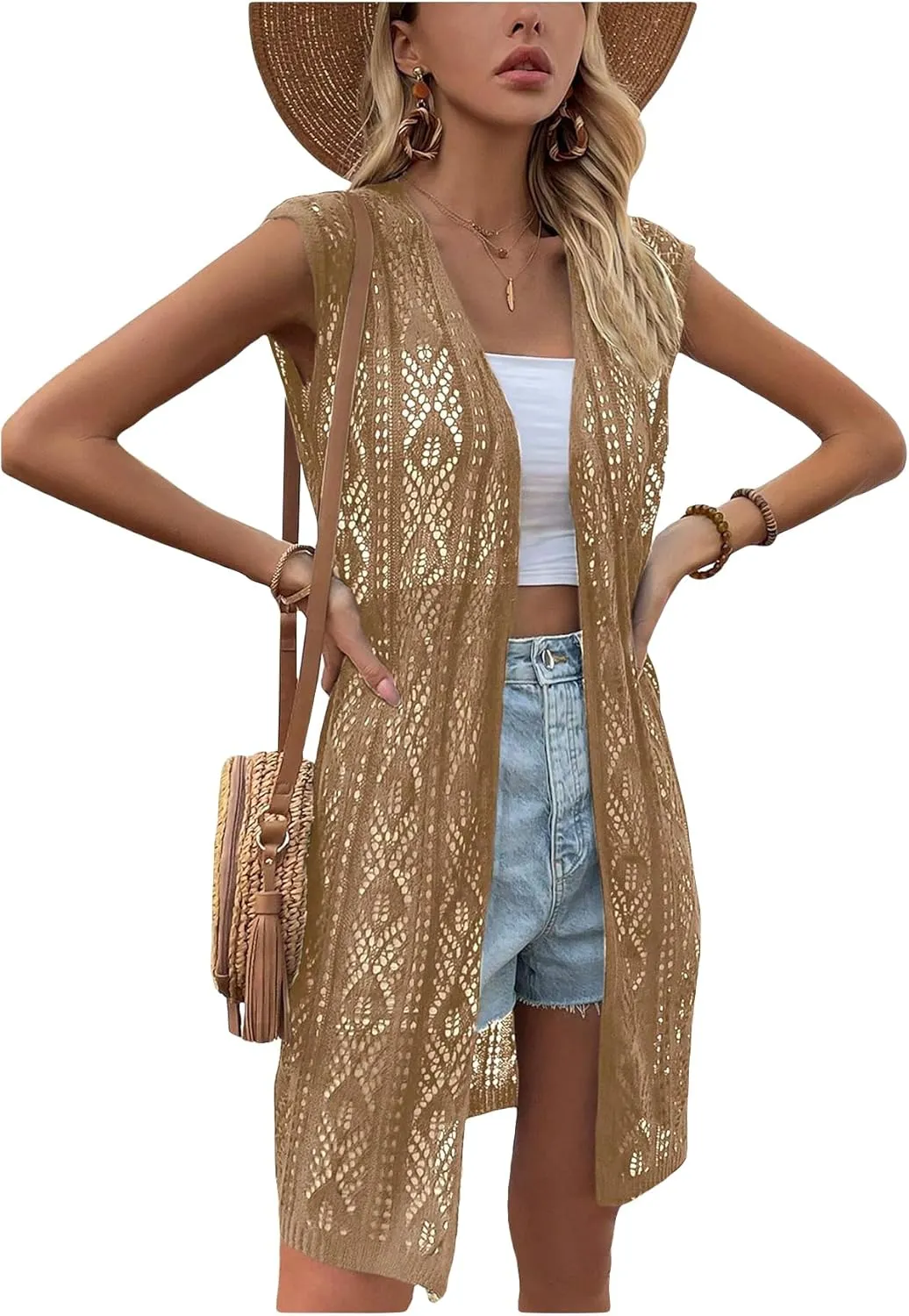 Verdusa Women's Crochet Coverups Sleeveless Summer Cardigans Lightweight Knit Long Vest Cover Up