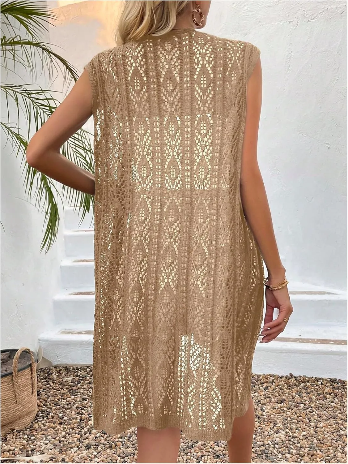 Verdusa Women's Crochet Coverups Sleeveless Summer Cardigans Lightweight Knit Long Vest Cover Up
