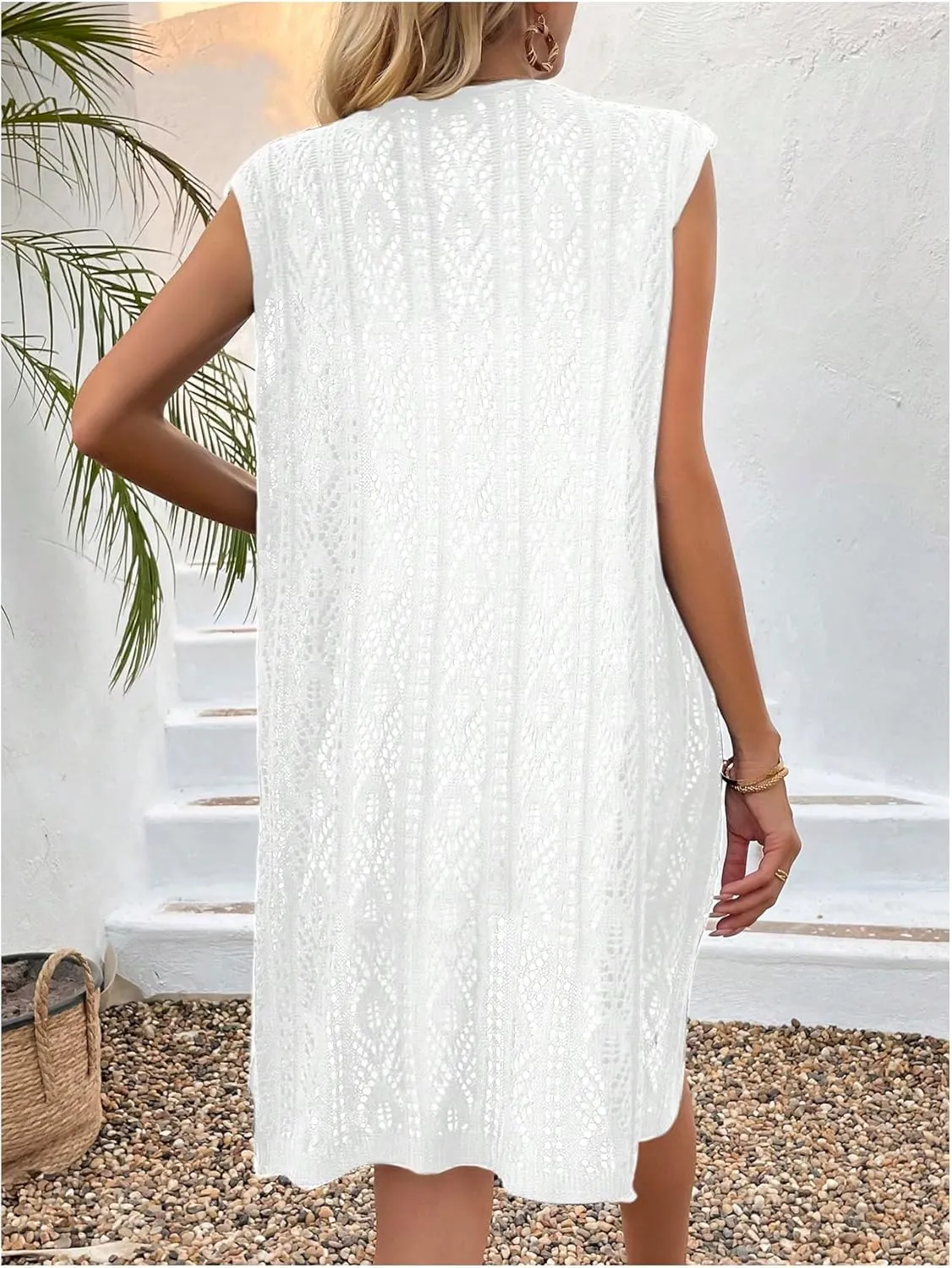 Verdusa Women's Crochet Coverups Sleeveless Summer Cardigans Lightweight Knit Long Vest Cover Up