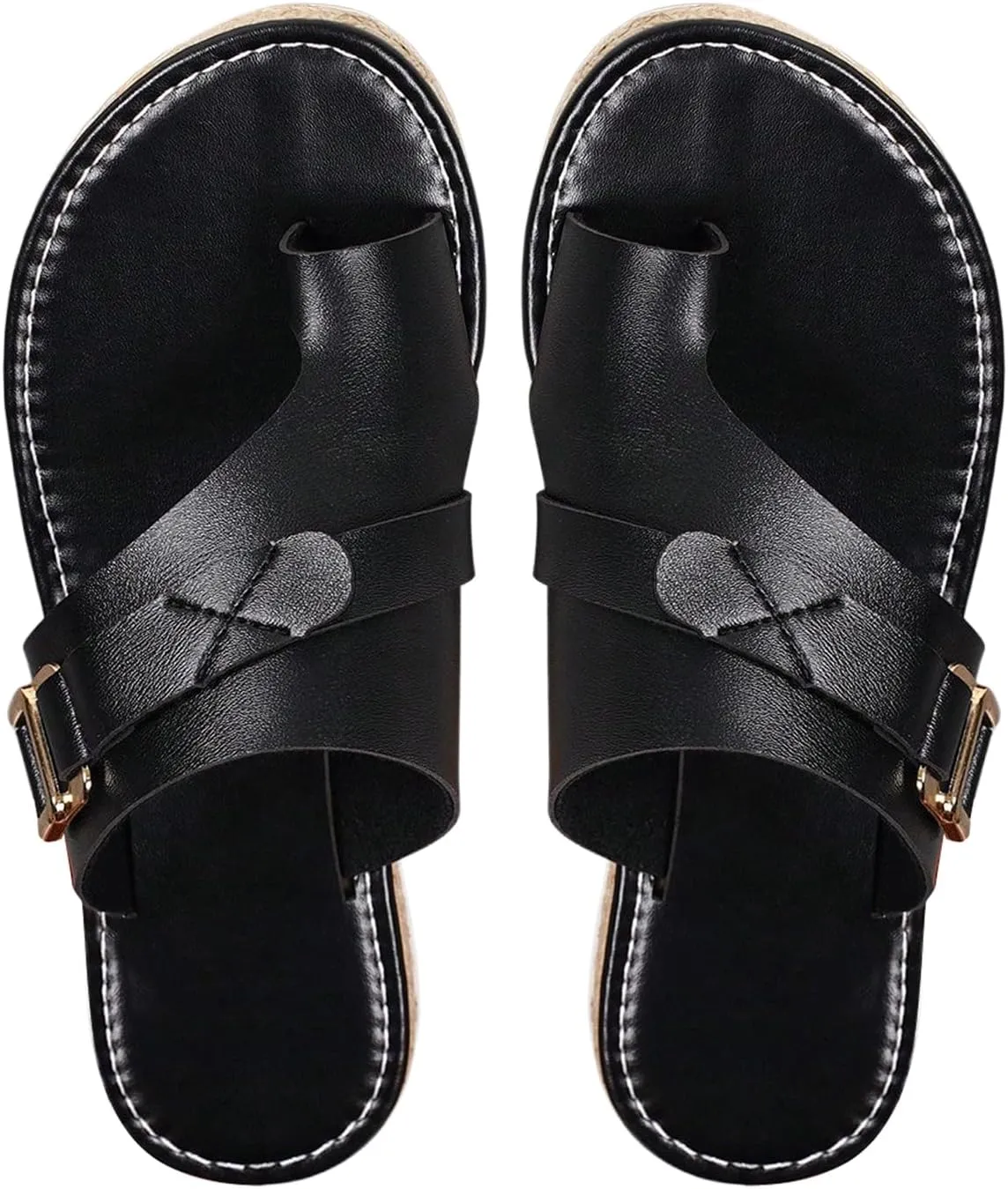 Verdusa Women's Ring Toe Buckle Flat Leather Sandals Summer Vacation Slip on Slippers