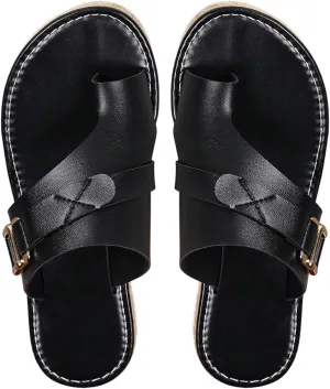 Verdusa Women's Ring Toe Buckle Flat Leather Sandals Summer Vacation Slip on Slippers