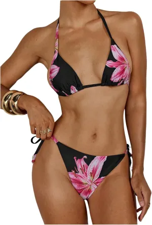 Verdusa Women's Y2K Bikini 2 Piece Cheetah Floral Swimsuit Halter Triangle Tie Side String Bikini Set