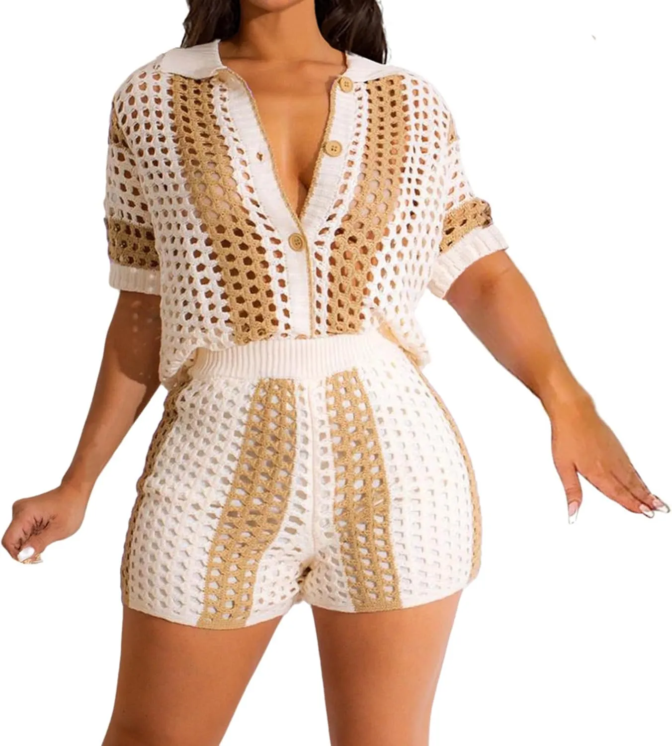 VOIKERDR Shorts Sets Women 2 Piece Outfits Crochet Hollow Out Shirt and Shorts Summer Vacation Beach Clothes
