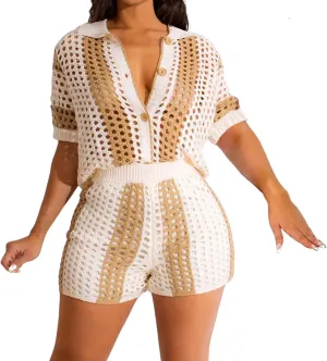 VOIKERDR Shorts Sets Women 2 Piece Outfits Crochet Hollow Out Shirt and Shorts Summer Vacation Beach Clothes