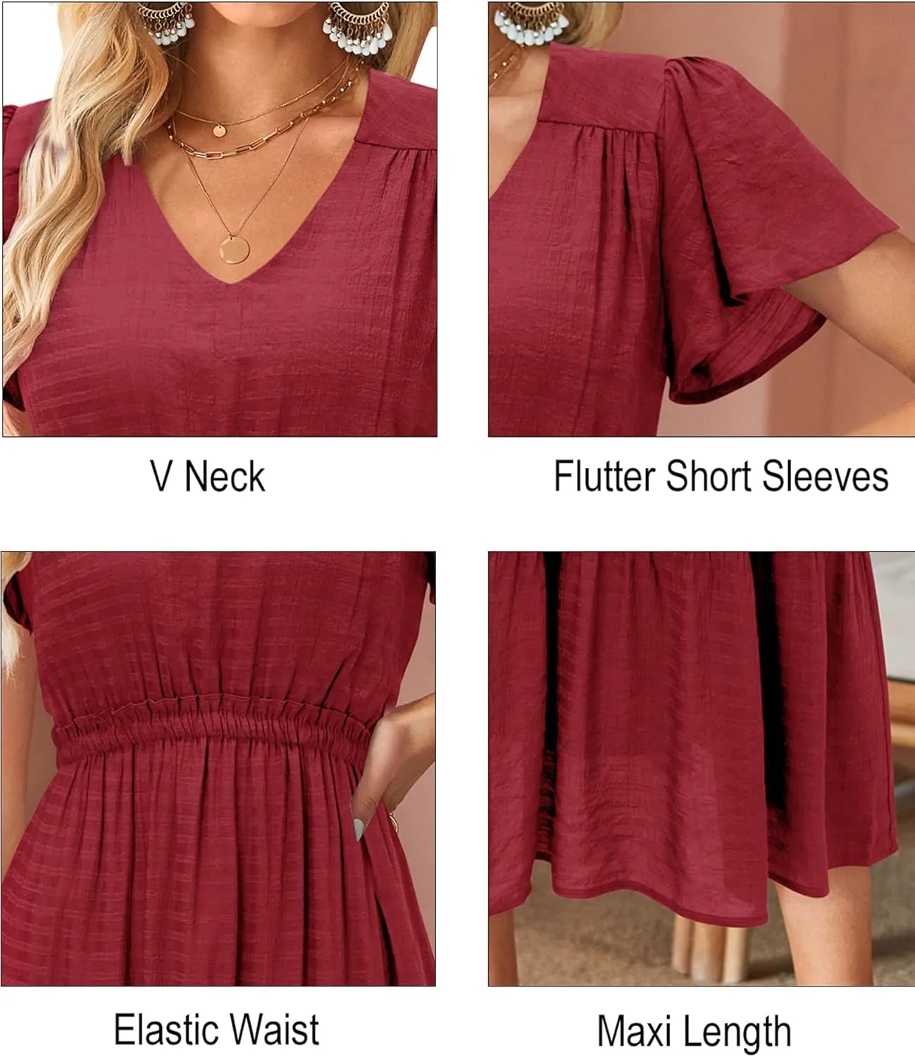 VOTEPRETTY Women's 2025 Summer Boho Maxi Dresses Flutter Short Sleeve V Neck Casual Beach Wedding Guest Vacation Long Dress