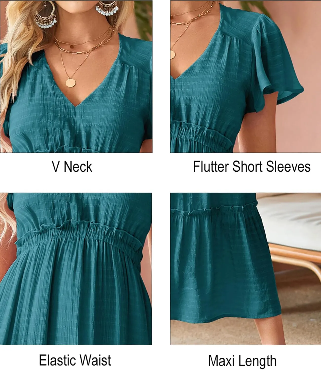 VOTEPRETTY Women's 2025 Summer Boho Maxi Dresses Flutter Short Sleeve V Neck Casual Beach Wedding Guest Vacation Long Dress