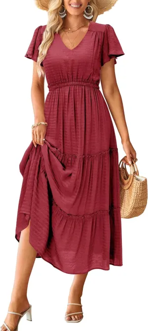 VOTEPRETTY Women's 2025 Summer Boho Maxi Dresses Flutter Short Sleeve V Neck Casual Beach Wedding Guest Vacation Long Dress