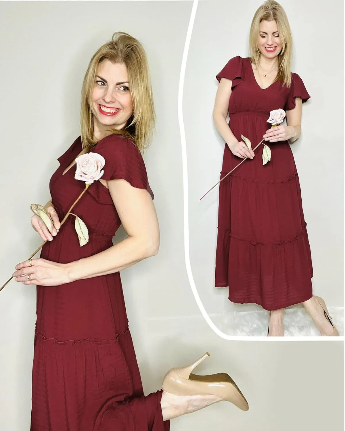 VOTEPRETTY Women's 2025 Summer Boho Maxi Dresses Flutter Short Sleeve V Neck Casual Beach Wedding Guest Vacation Long Dress