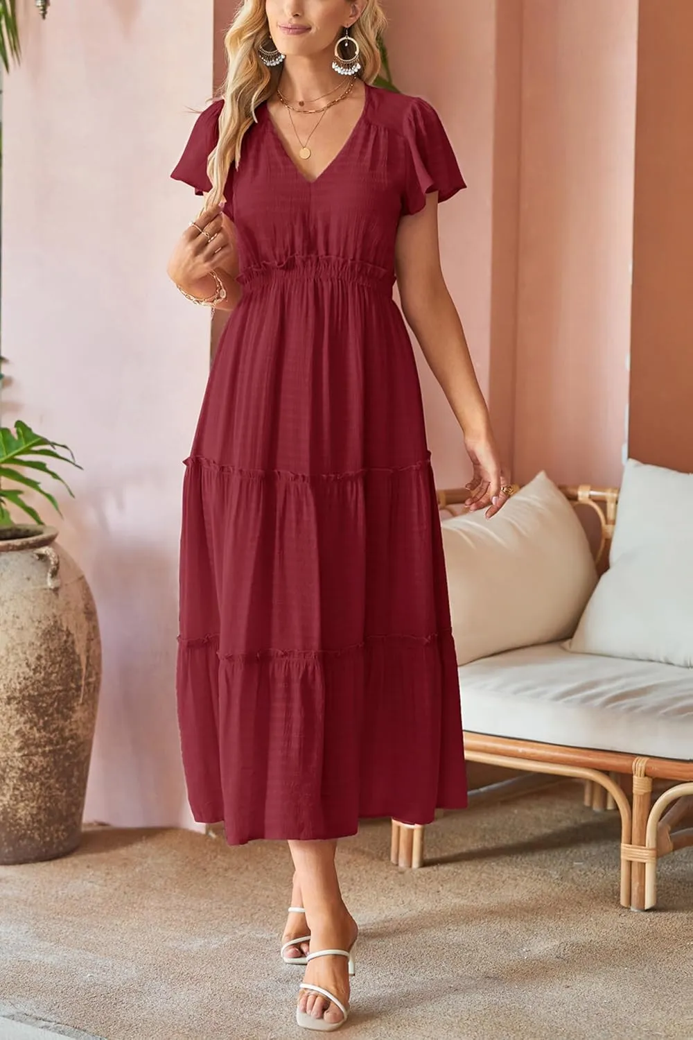 VOTEPRETTY Women's 2025 Summer Boho Maxi Dresses Flutter Short Sleeve V Neck Casual Beach Wedding Guest Vacation Long Dress