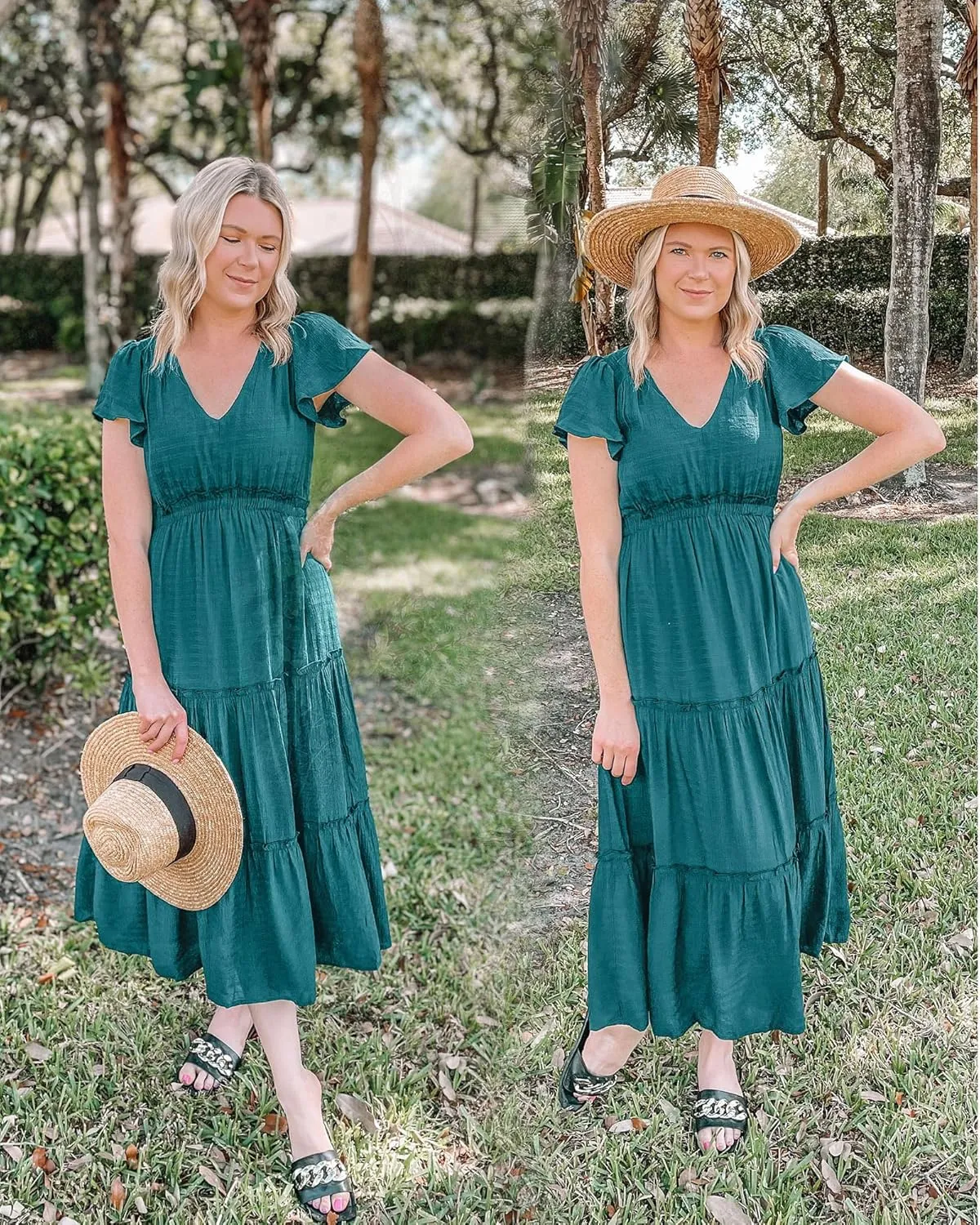 VOTEPRETTY Women's 2025 Summer Boho Maxi Dresses Flutter Short Sleeve V Neck Casual Beach Wedding Guest Vacation Long Dress
