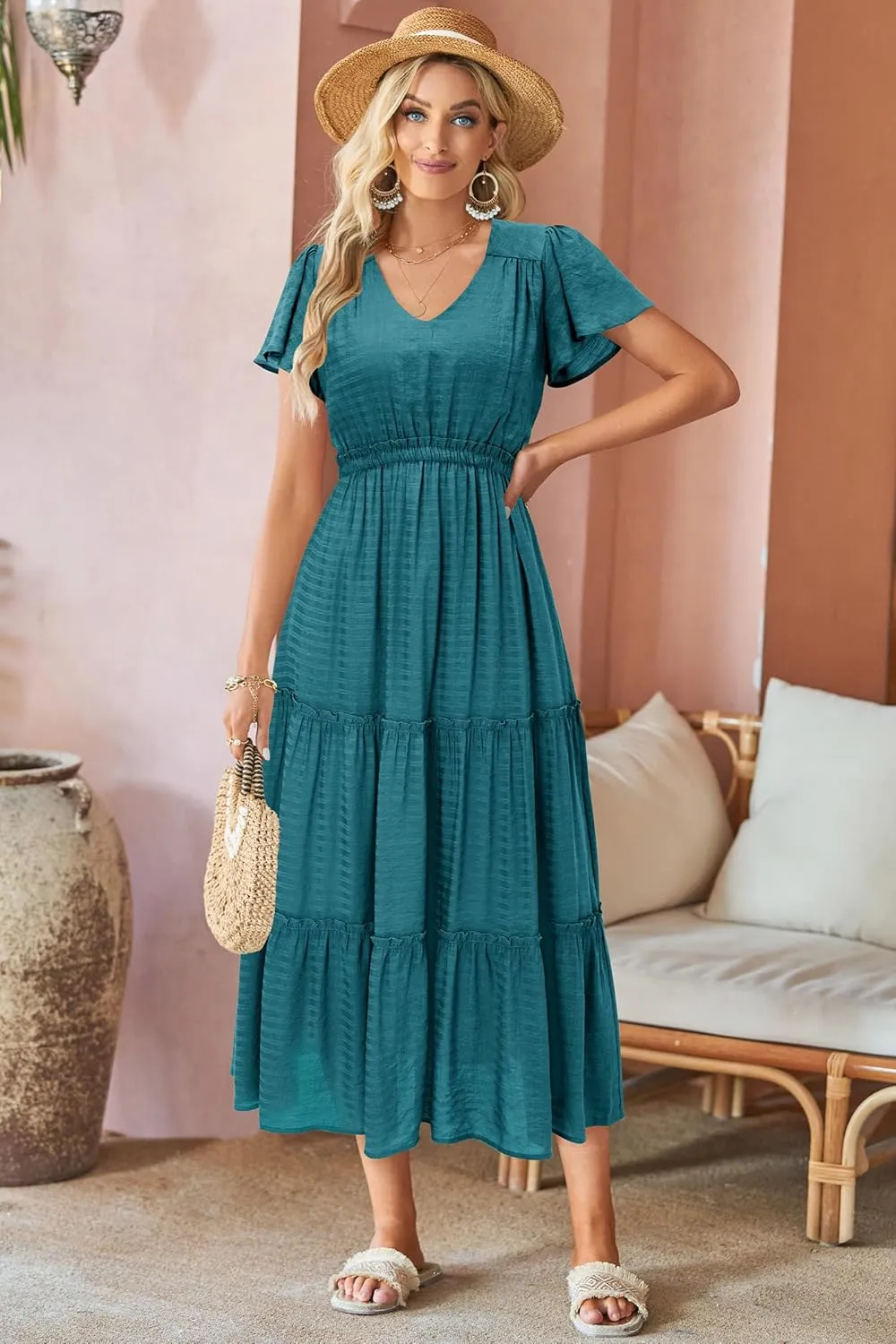 VOTEPRETTY Women's 2025 Summer Boho Maxi Dresses Flutter Short Sleeve V Neck Casual Beach Wedding Guest Vacation Long Dress