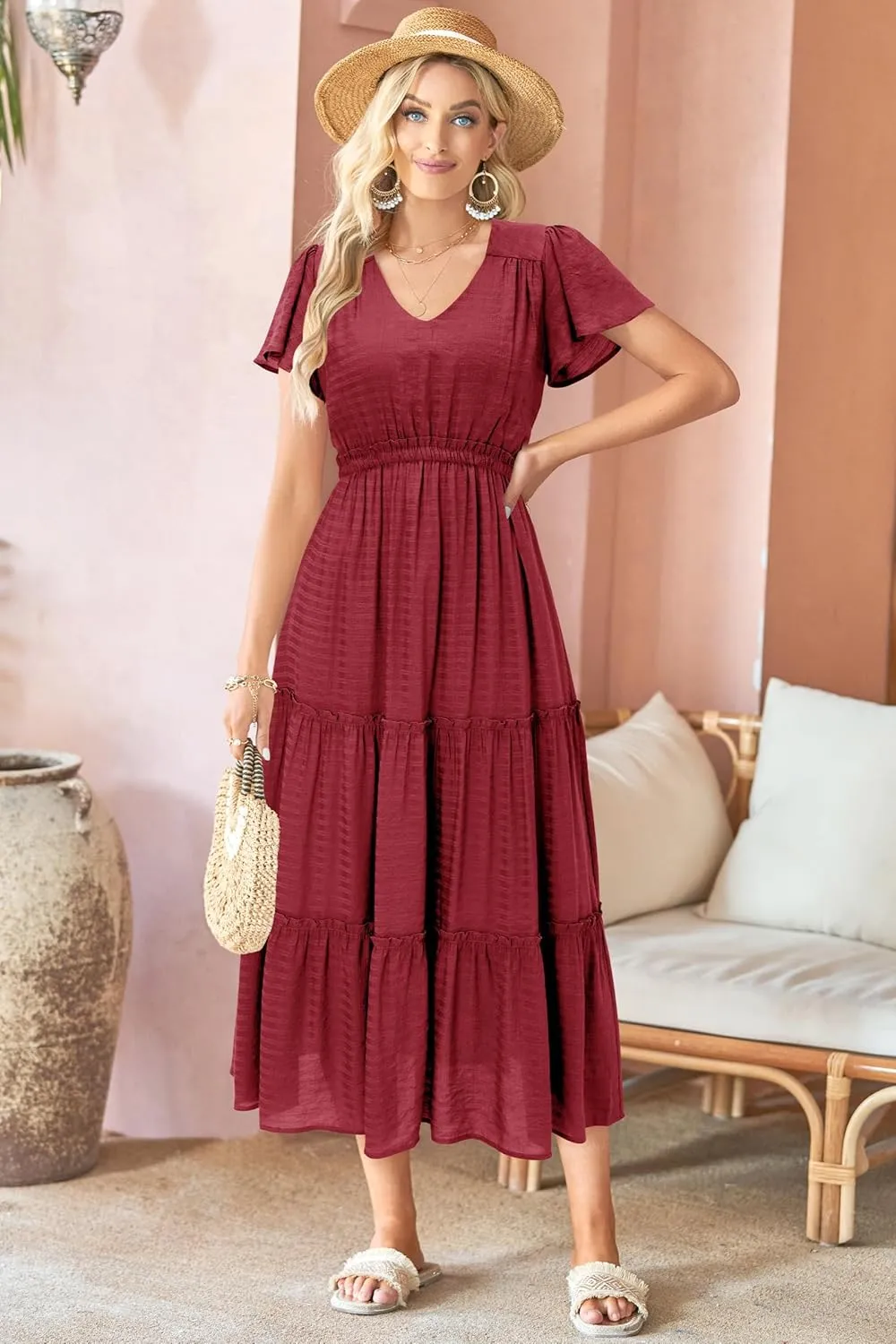 VOTEPRETTY Women's 2025 Summer Boho Maxi Dresses Flutter Short Sleeve V Neck Casual Beach Wedding Guest Vacation Long Dress