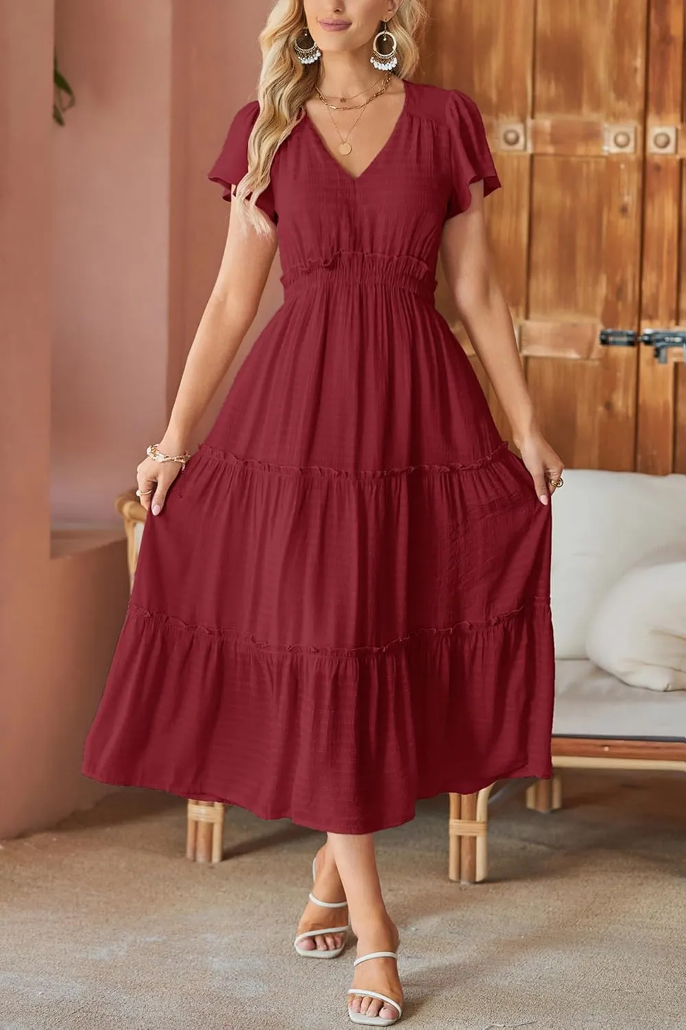 VOTEPRETTY Women's 2025 Summer Boho Maxi Dresses Flutter Short Sleeve V Neck Casual Beach Wedding Guest Vacation Long Dress