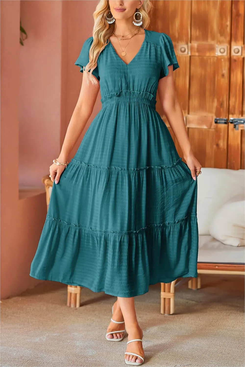 VOTEPRETTY Women's 2025 Summer Boho Maxi Dresses Flutter Short Sleeve V Neck Casual Beach Wedding Guest Vacation Long Dress