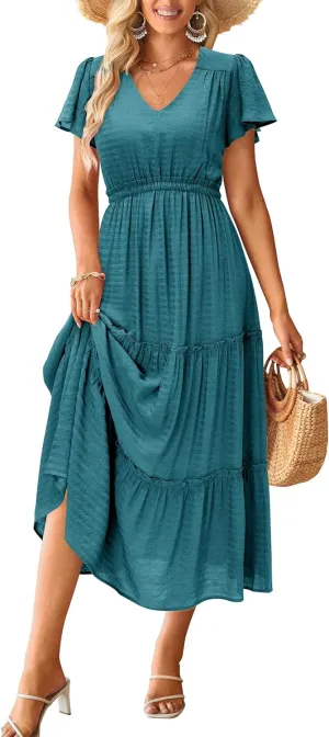VOTEPRETTY Women's 2025 Summer Boho Maxi Dresses Flutter Short Sleeve V Neck Casual Beach Wedding Guest Vacation Long Dress