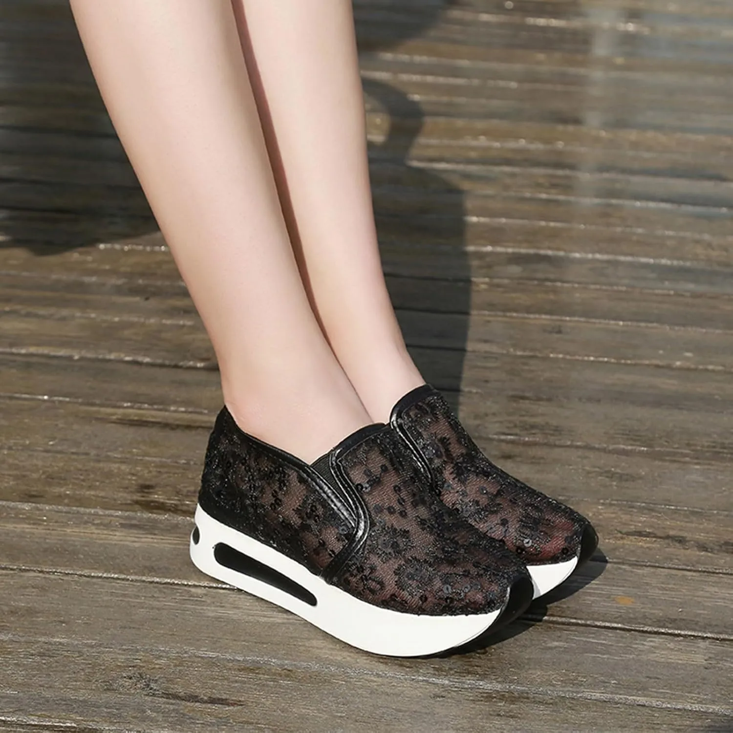 Wedge Floral Shoes Mesh Fashion Sneakers for Women Slip On Breathable Walking Shoes Women's Casual Embroidery Platform Sneakers Comfort Work Shoes High Heels Outdoor Travel Sports Shoes