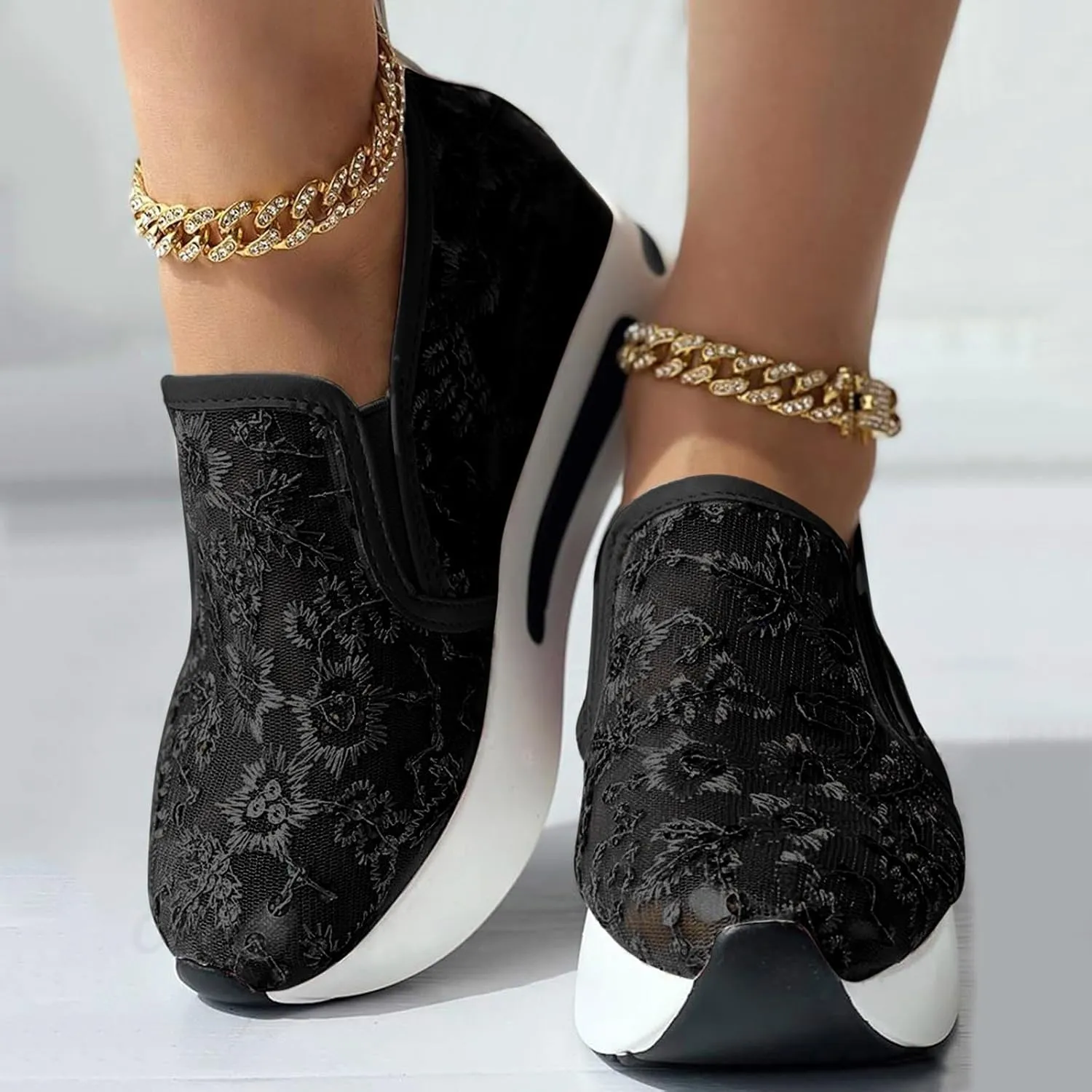 Wedge Floral Shoes Mesh Fashion Sneakers for Women Slip On Breathable Walking Shoes Women's Casual Embroidery Platform Sneakers Comfort Work Shoes High Heels Outdoor Travel Sports Shoes