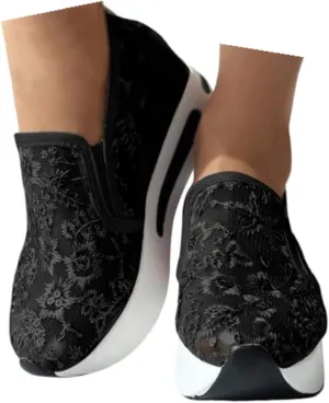Wedge Floral Shoes Mesh Fashion Sneakers for Women Slip On Breathable Walking Shoes Women's Casual Embroidery Platform Sneakers Comfort Work Shoes High Heels Outdoor Travel Sports Shoes