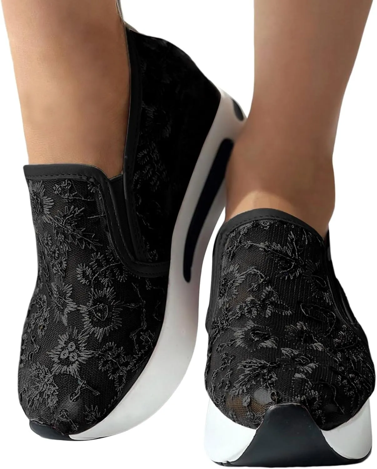 Wedge Floral Shoes Mesh Fashion Sneakers for Women Slip On Breathable Walking Shoes Women's Casual Embroidery Platform Sneakers Comfort Work Shoes High Heels Outdoor Travel Sports Shoes