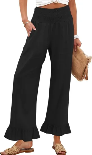 Wide Leg Linen Pants for Women Smocked High Waisted Ruffle Palazzo Pants with Pockets Cropped Flowy Boho Beach Pant