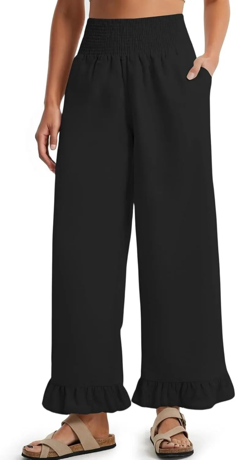 Wide Leg Linen Pants for Women Smocked High Waisted Ruffle Palazzo Pants with Pockets Cropped Flowy Boho Beach Pant