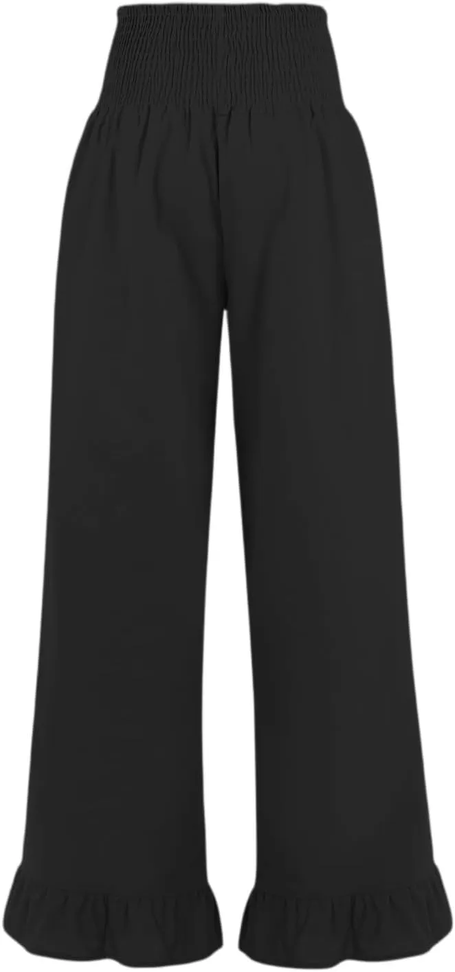 Wide Leg Linen Pants for Women Smocked High Waisted Ruffle Palazzo Pants with Pockets Cropped Flowy Boho Beach Pant