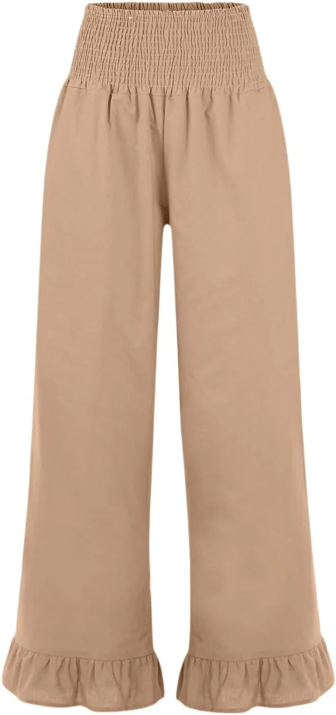 Wide Leg Linen Pants for Women Smocked High Waisted Ruffle Palazzo Pants with Pockets Cropped Flowy Boho Beach Pant