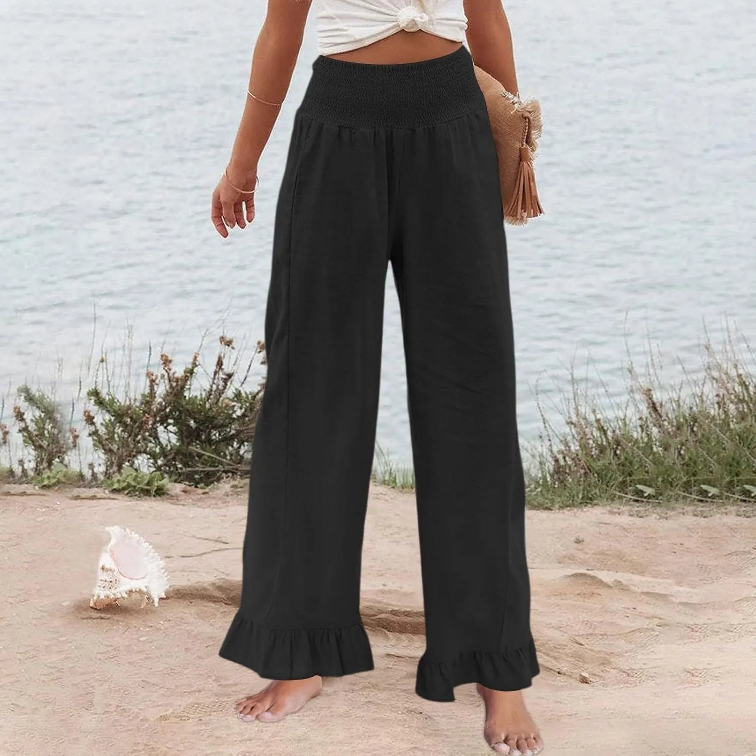 Wide Leg Linen Pants for Women Smocked High Waisted Ruffle Palazzo Pants with Pockets Cropped Flowy Boho Beach Pant