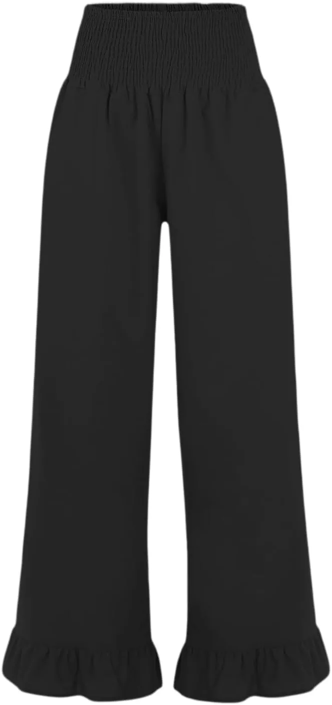 Wide Leg Linen Pants for Women Smocked High Waisted Ruffle Palazzo Pants with Pockets Cropped Flowy Boho Beach Pant