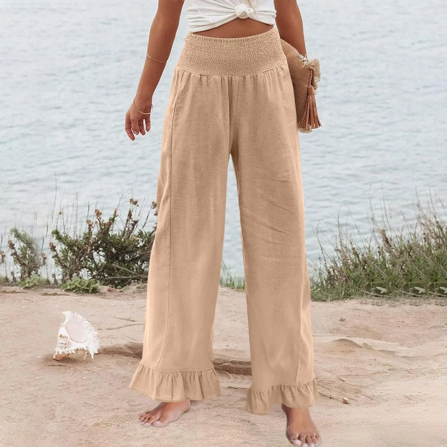 Wide Leg Linen Pants for Women Smocked High Waisted Ruffle Palazzo Pants with Pockets Cropped Flowy Boho Beach Pant