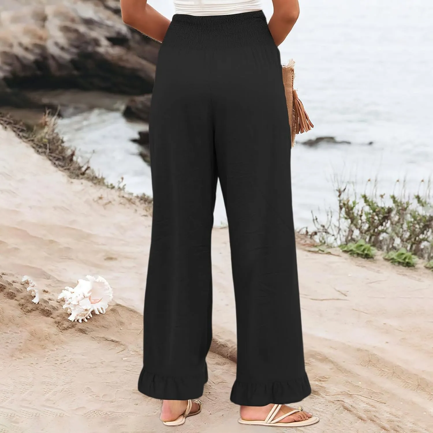 Wide Leg Linen Pants for Women Smocked High Waisted Ruffle Palazzo Pants with Pockets Cropped Flowy Boho Beach Pant