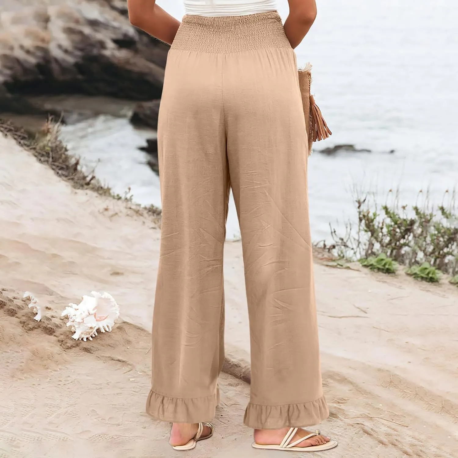 Wide Leg Linen Pants for Women Smocked High Waisted Ruffle Palazzo Pants with Pockets Cropped Flowy Boho Beach Pant