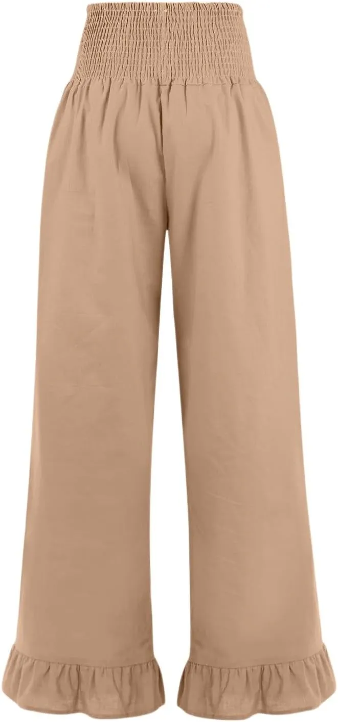 Wide Leg Linen Pants for Women Smocked High Waisted Ruffle Palazzo Pants with Pockets Cropped Flowy Boho Beach Pant