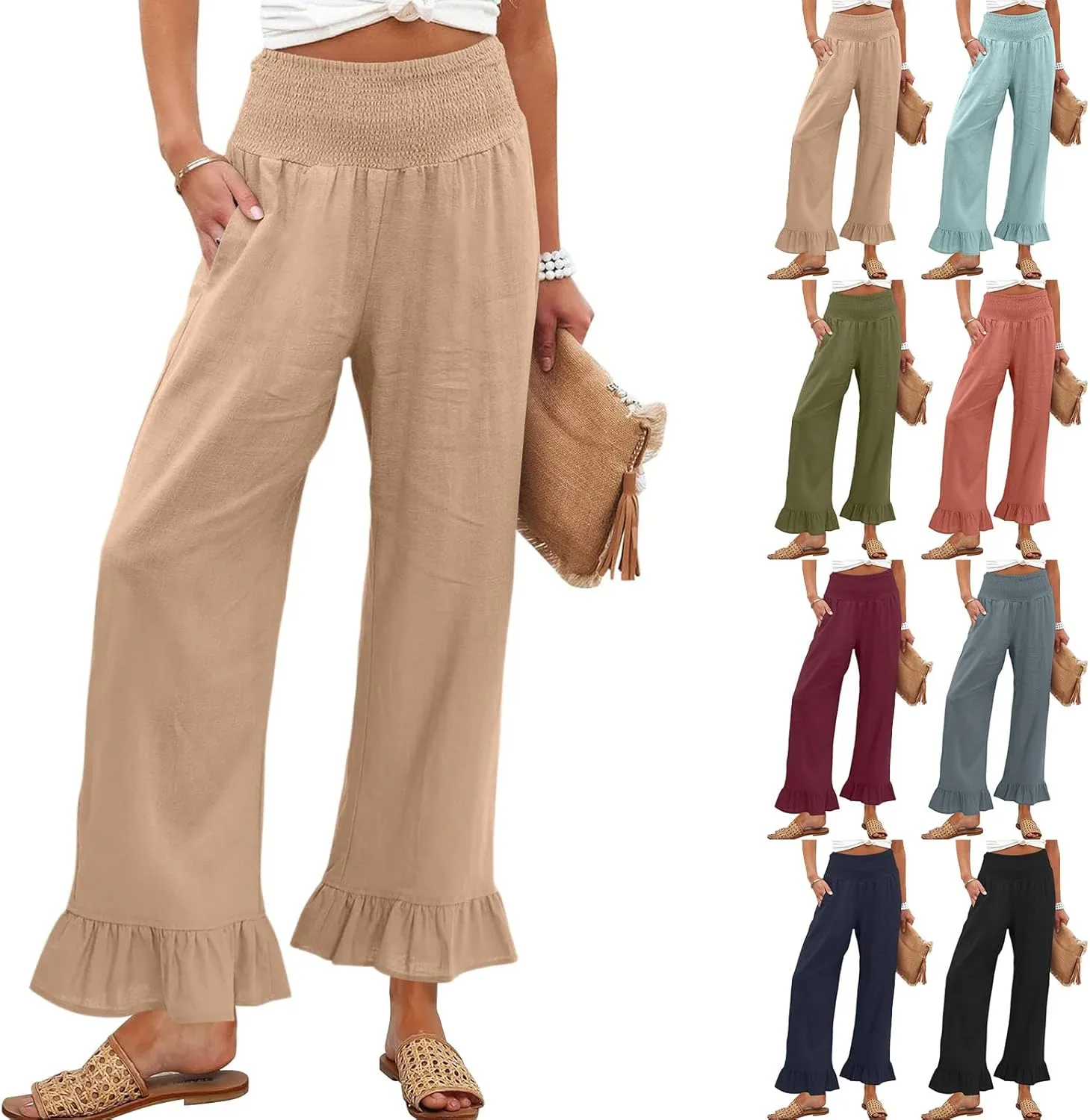 Wide Leg Linen Pants for Women Smocked High Waisted Ruffle Palazzo Pants with Pockets Cropped Flowy Boho Beach Pant